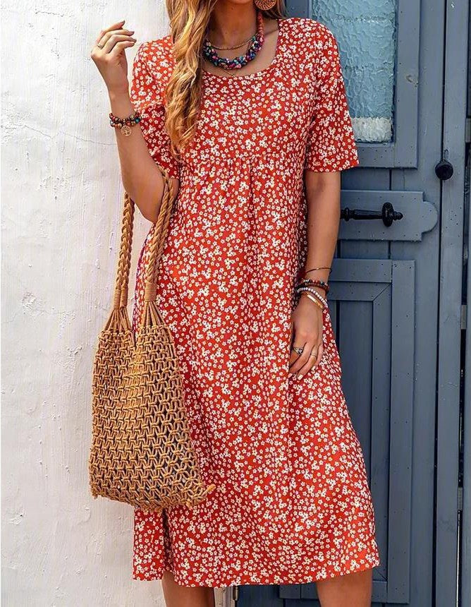 Floral Round Neck Pocket Sleeve Casual Mid-length Dress