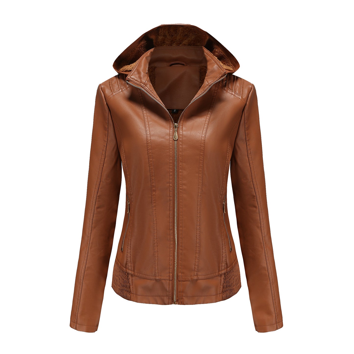 Women's Leather Detachable Hat Zipper Fleece-lined European Jackets