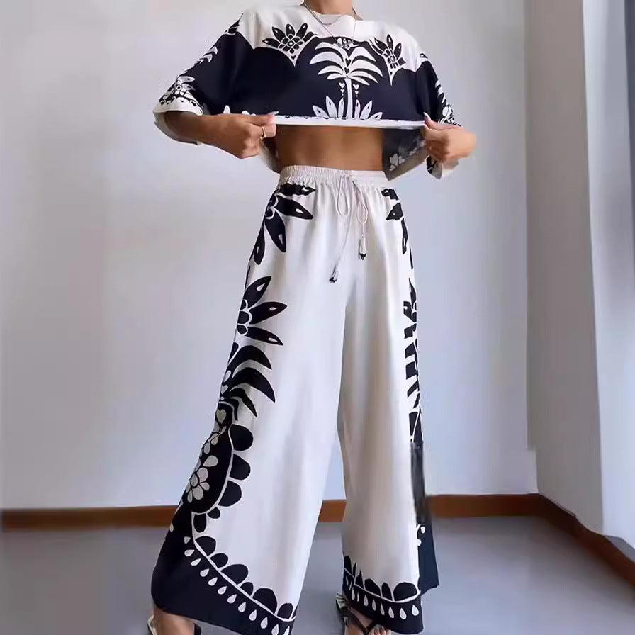 Women's Sleeve Loose Vacation Elastic Waist Two-piece Suits