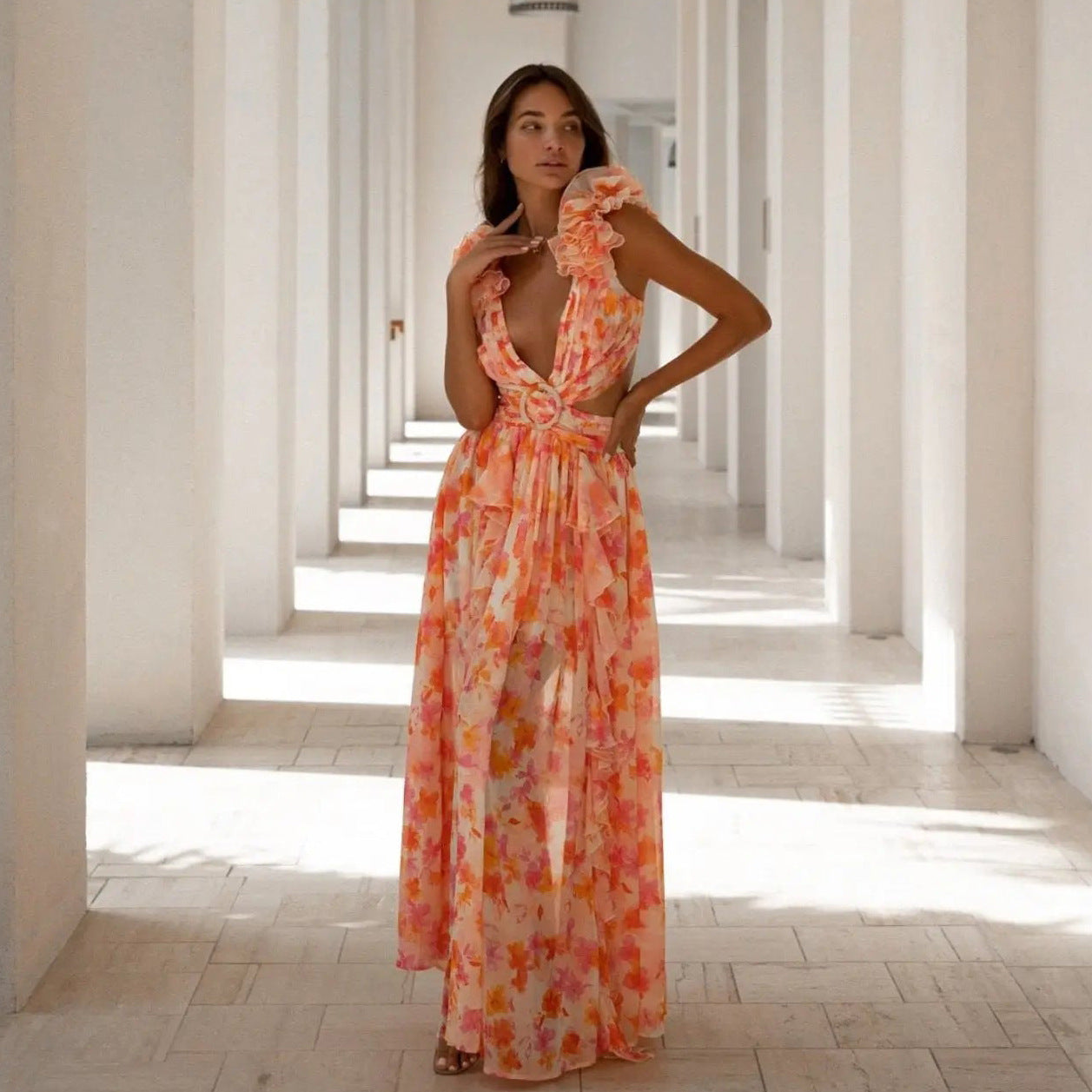 Women's Vacation Dress Hollow Slim Deep V Dresses