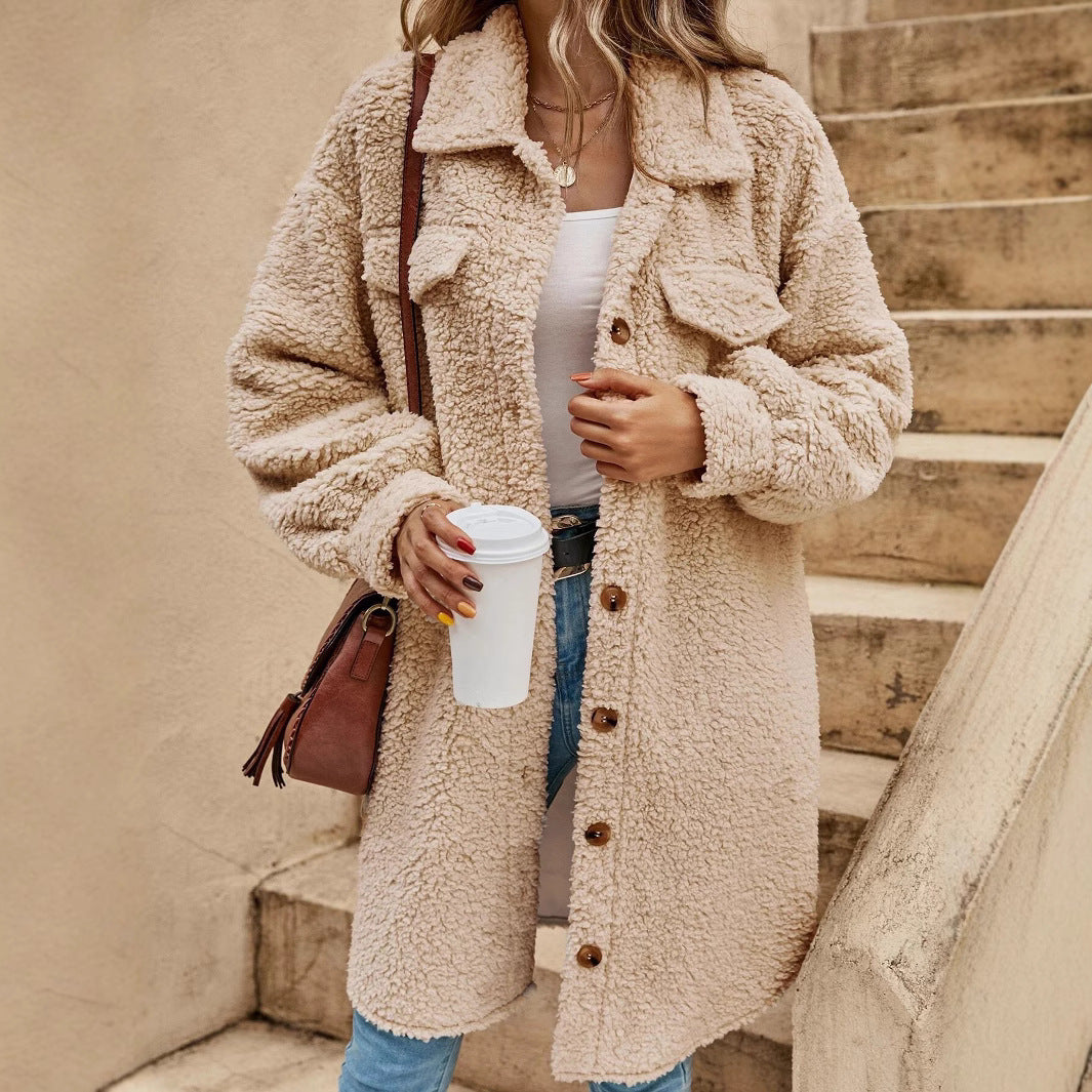 Women's Winter Buckle Lapel Plush Loose Temperament Coats