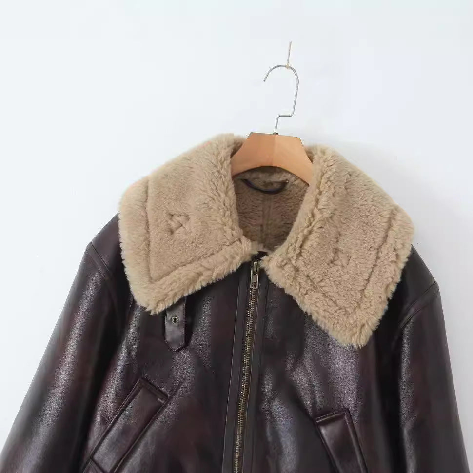 Women's Autumn Fur Collar Thickened Integrated Leather Clothing