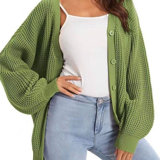 Lantern Sleeve Knitted Female Single Breasted Sweaters