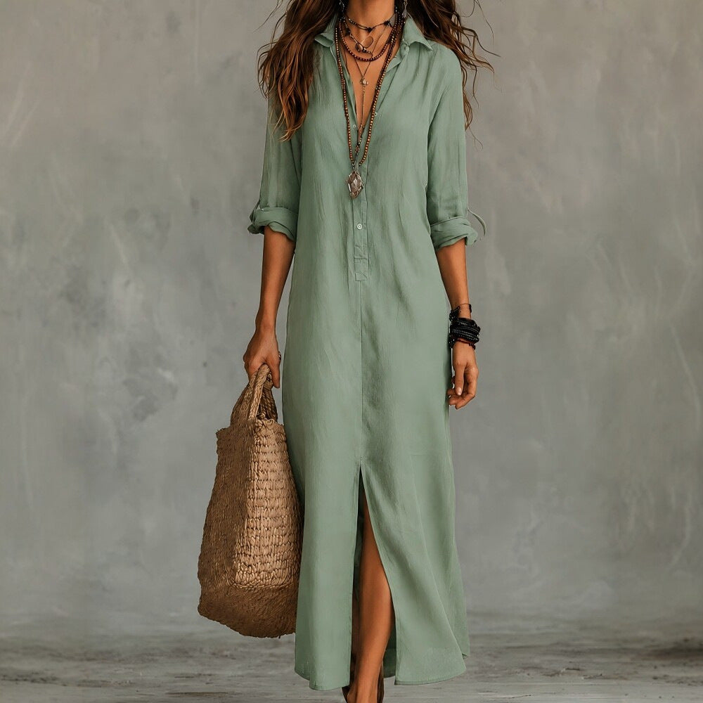Loose Solid Color Polo Collar Front Rear Dress