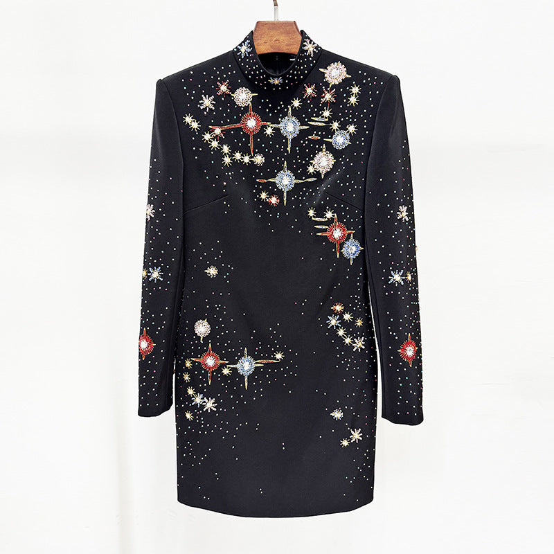 Fashion Diamond Embroidered Beads Rhinestone Long-sleeved Dress