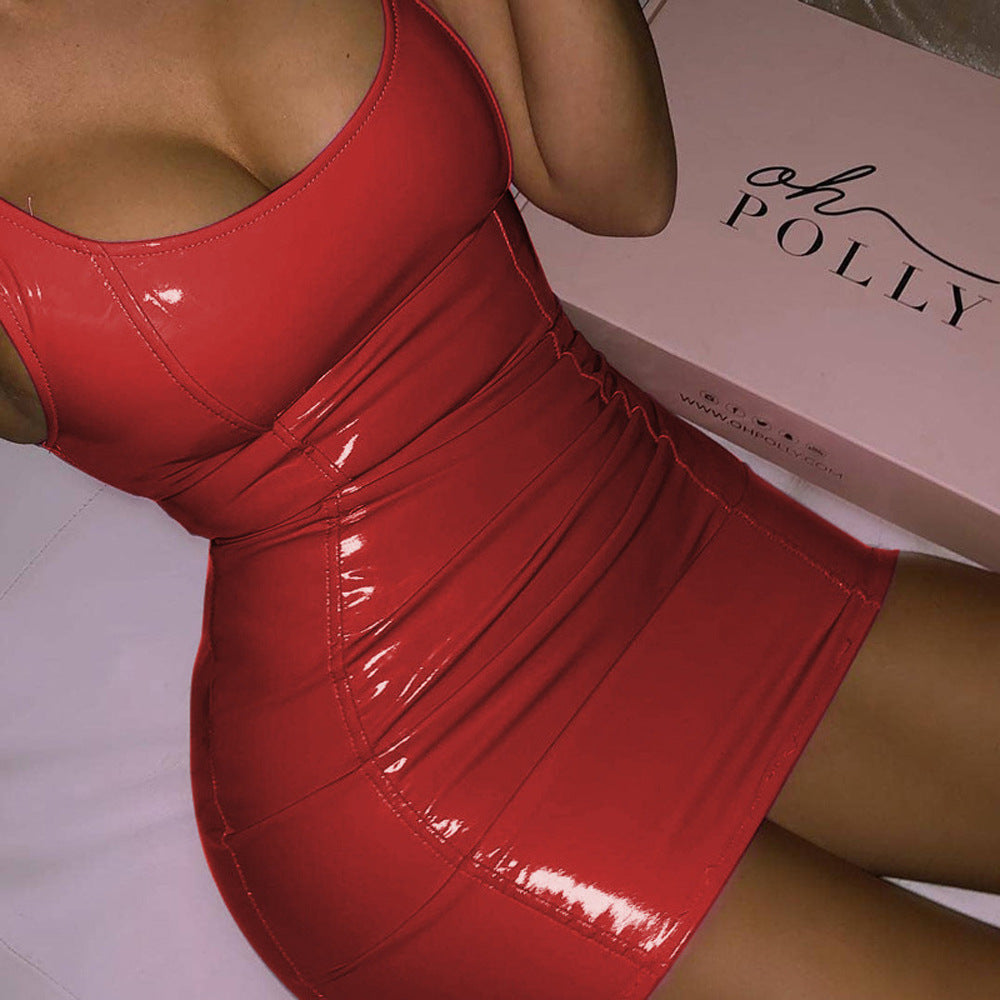 Nightclub Party Sexy Sleeveless Faux Leather Dress