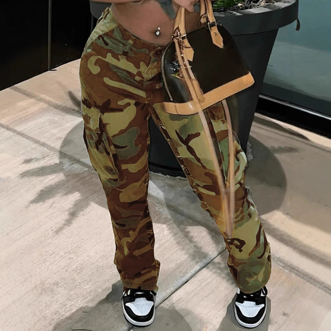 Women's High Waist Straight Multicolor Camouflage Overalls Pants