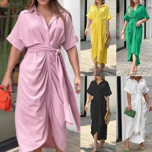 Women's Summer Fashion Polo Collar Mid-length Sleeve Single-breasted High Waist Dresses