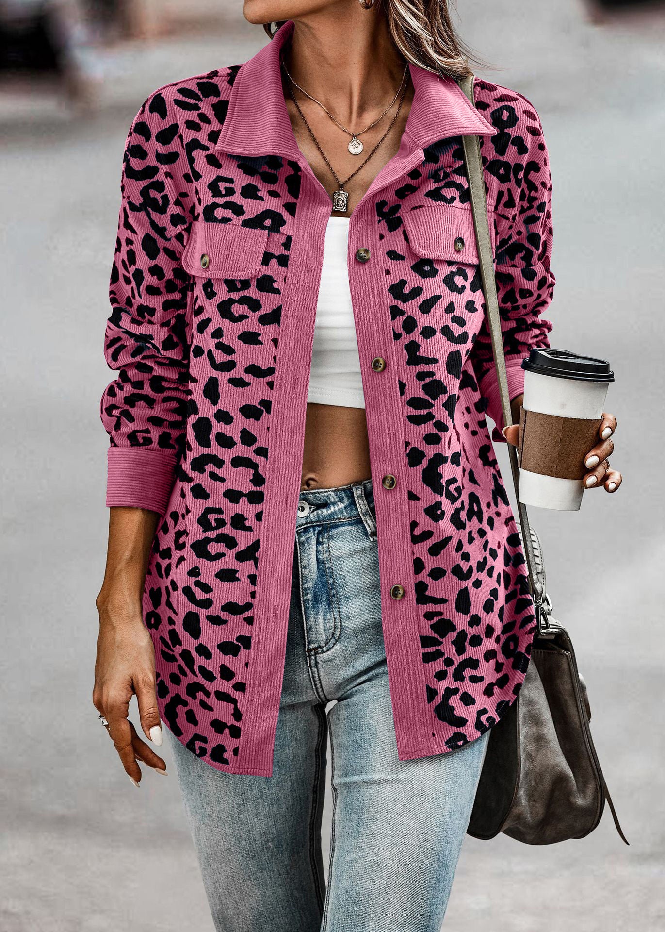 Women's Fashion Leopard Print Button Long Sleeve Coats