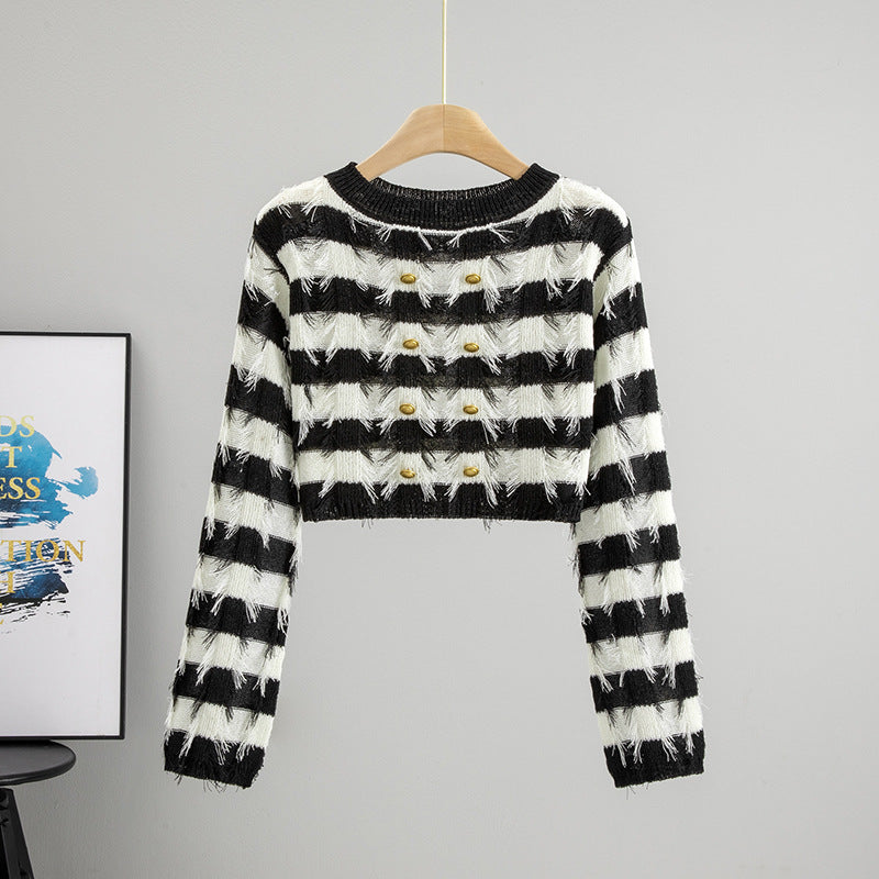 Women's Knitted Long-sleeved Niche Tassel Striped Pullover Round Shorts