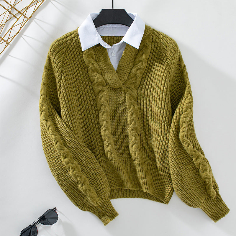 Women's Casual Shirt Collar Stitching Faux Two-piece Sweater