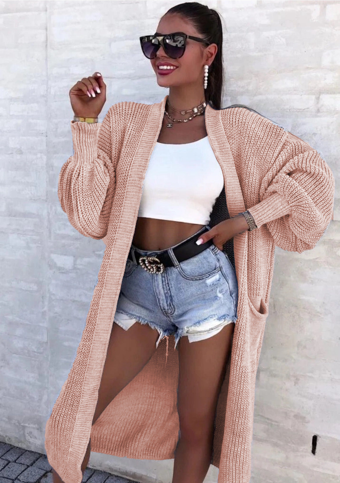 Women's Versatile Thick Needle Pocket Long Solid Knitwear