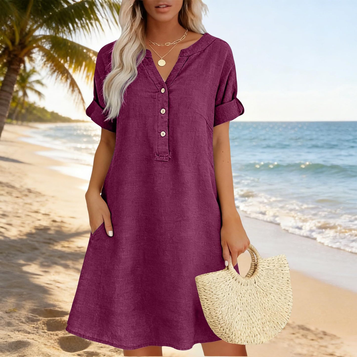 Sleeve Buttons Pocket Solid Color Shirt Shorts