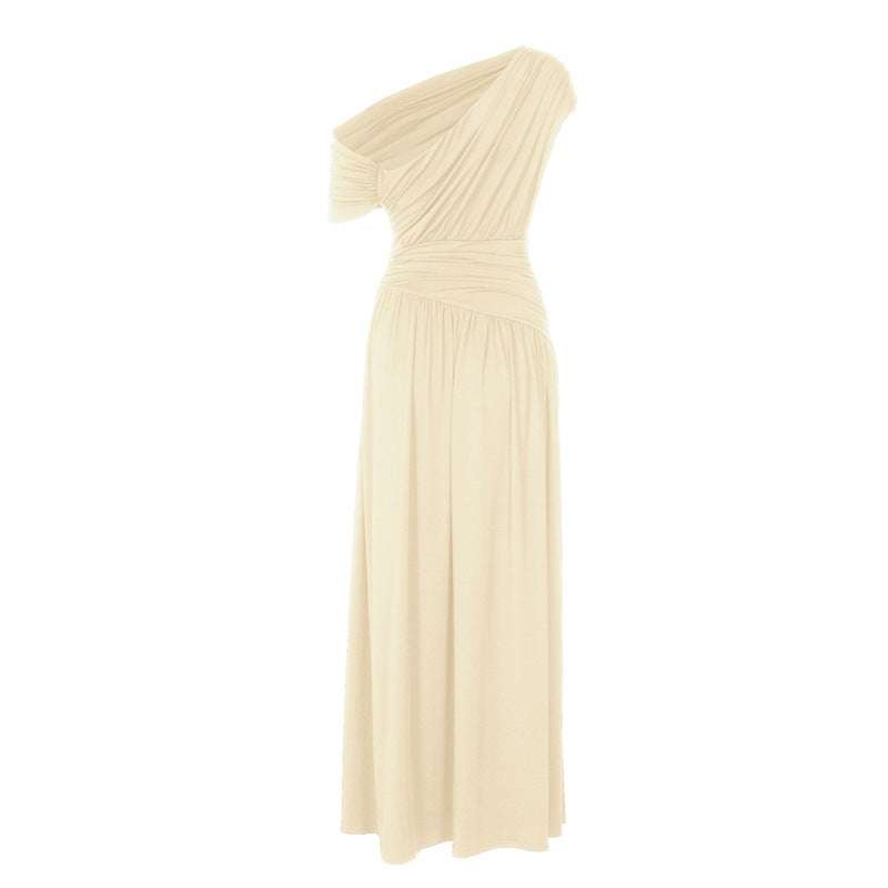 Women's Fashion Sexy Diagonal Collar Pleated Irregular Dresses