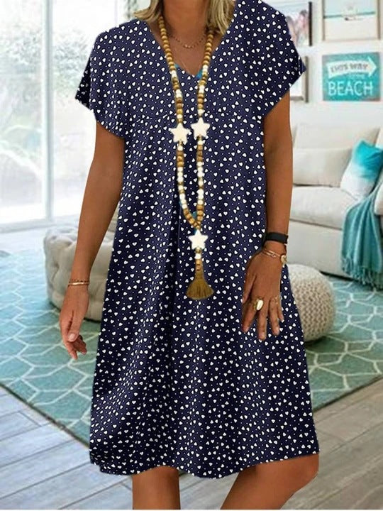 Women's Casual Short-sleeved Polka Dot Heart Shape Printed Dress