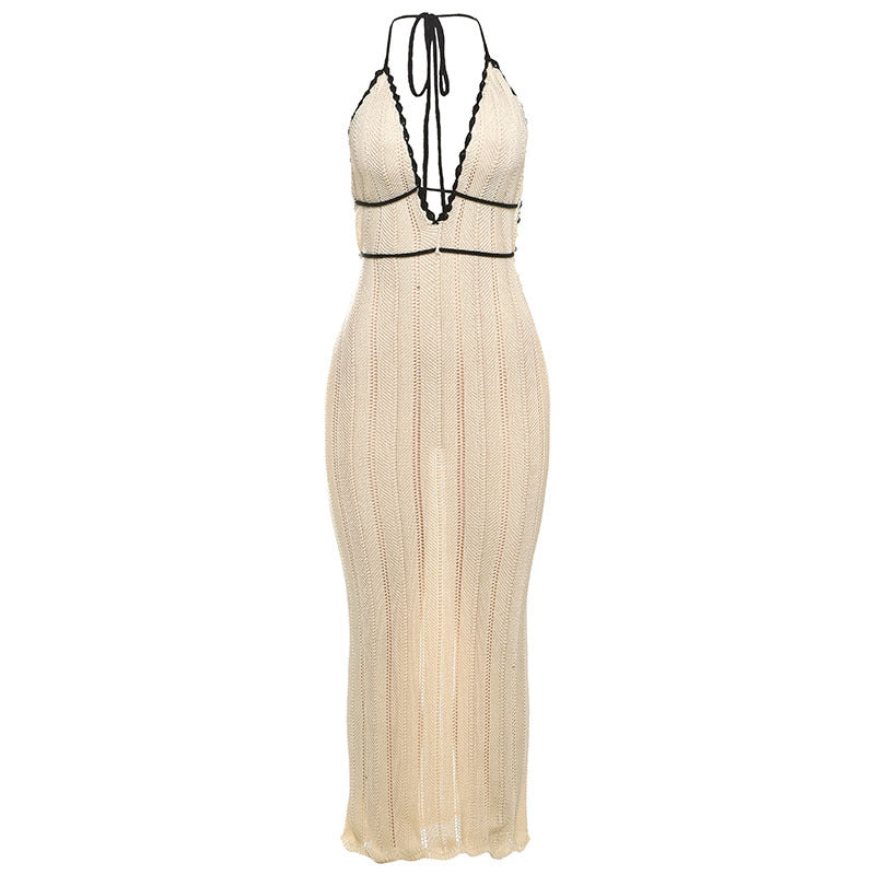 Women's Fashion Color Contrast Halter Backless Knitted Dresses