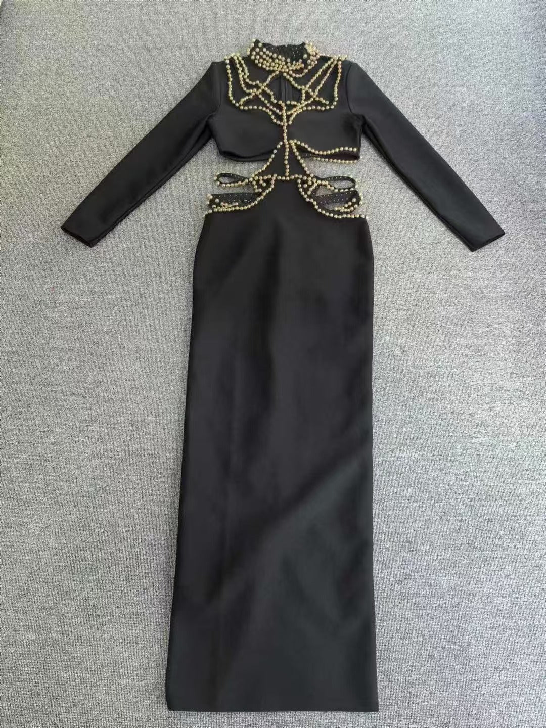 Women's Beaded Long Sleeve Black Bandage One-piece Dresses