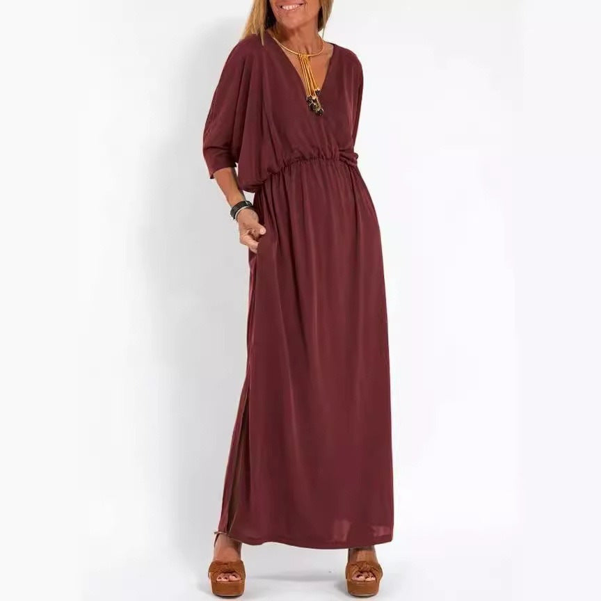 Women's Fashion Solid Color High Waist Slit Dress
