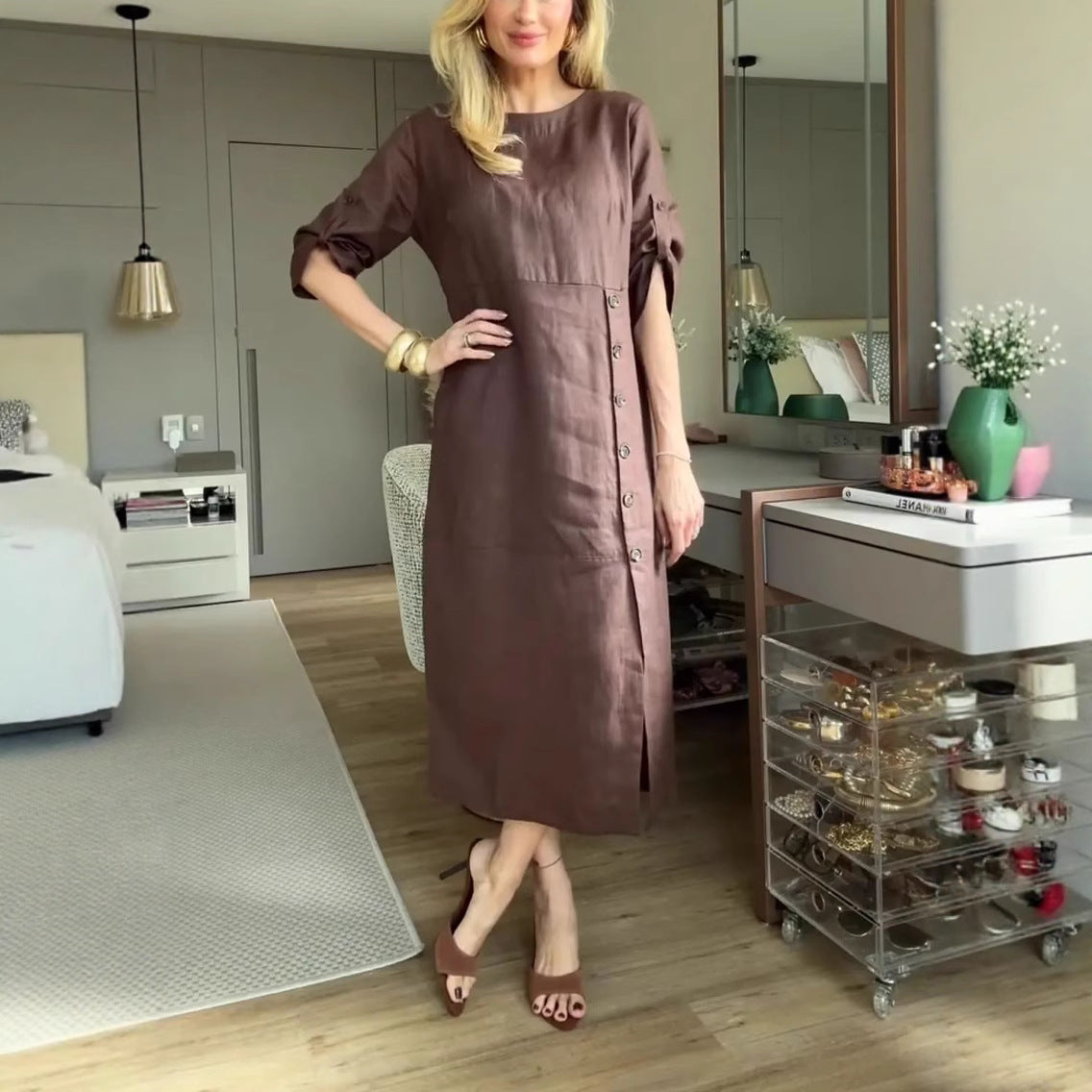 Women's Summer Style Loose Casual Solid Color Short-sleeved Cotton Dress