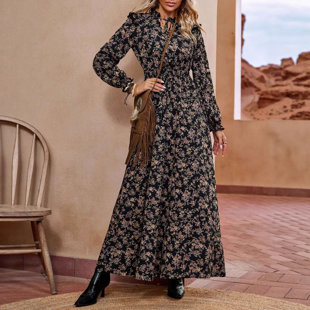 Elegant Graceful Floral Print Long Sleeve Dress