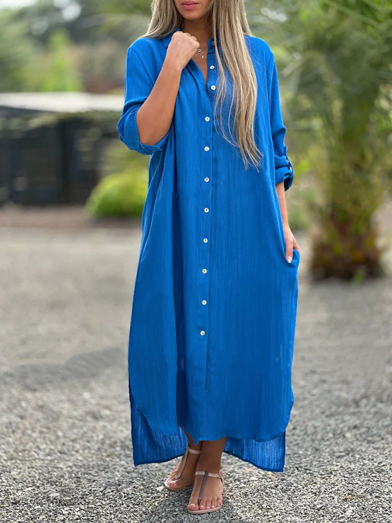 Women's Dress Cotton Linen Shirtdress Fashion Casual Cardigans