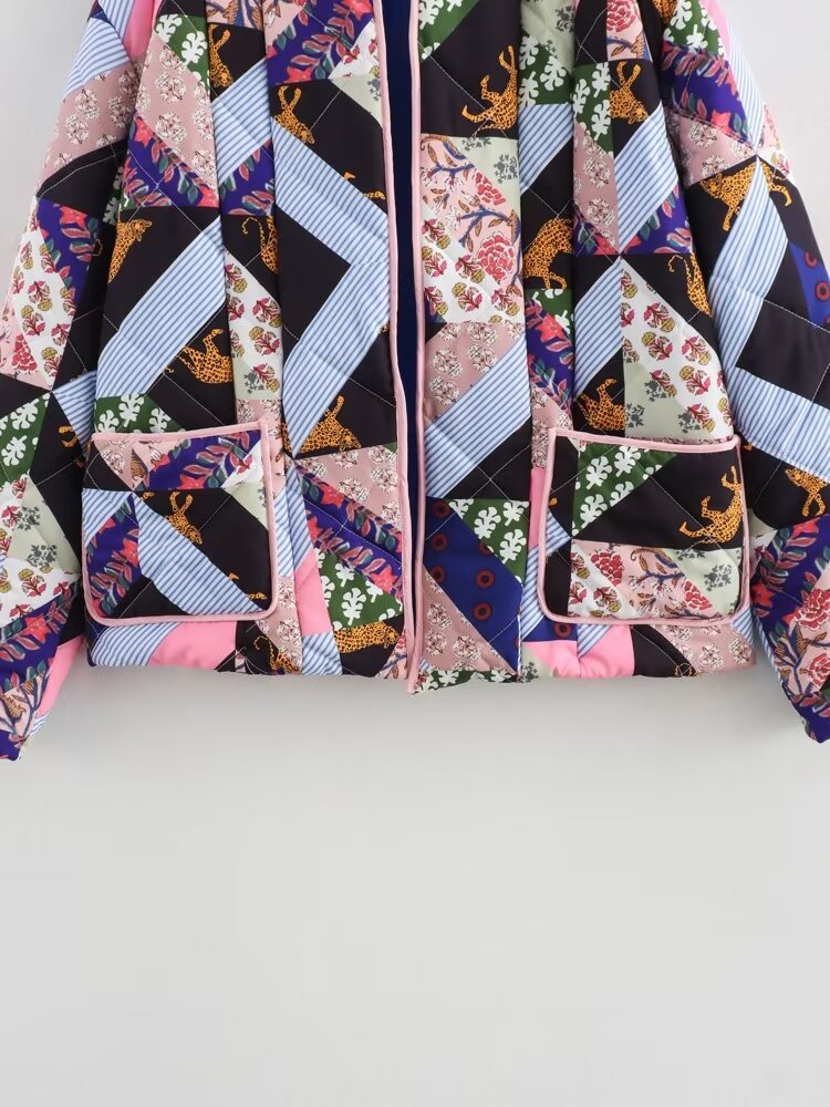 Women's Lapel Color Matching Printed Baggy Coats