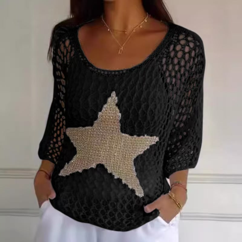 Women's Round Neck Commuter Elegant Cropped Sleeves For Air Conditioned Women's Sweater