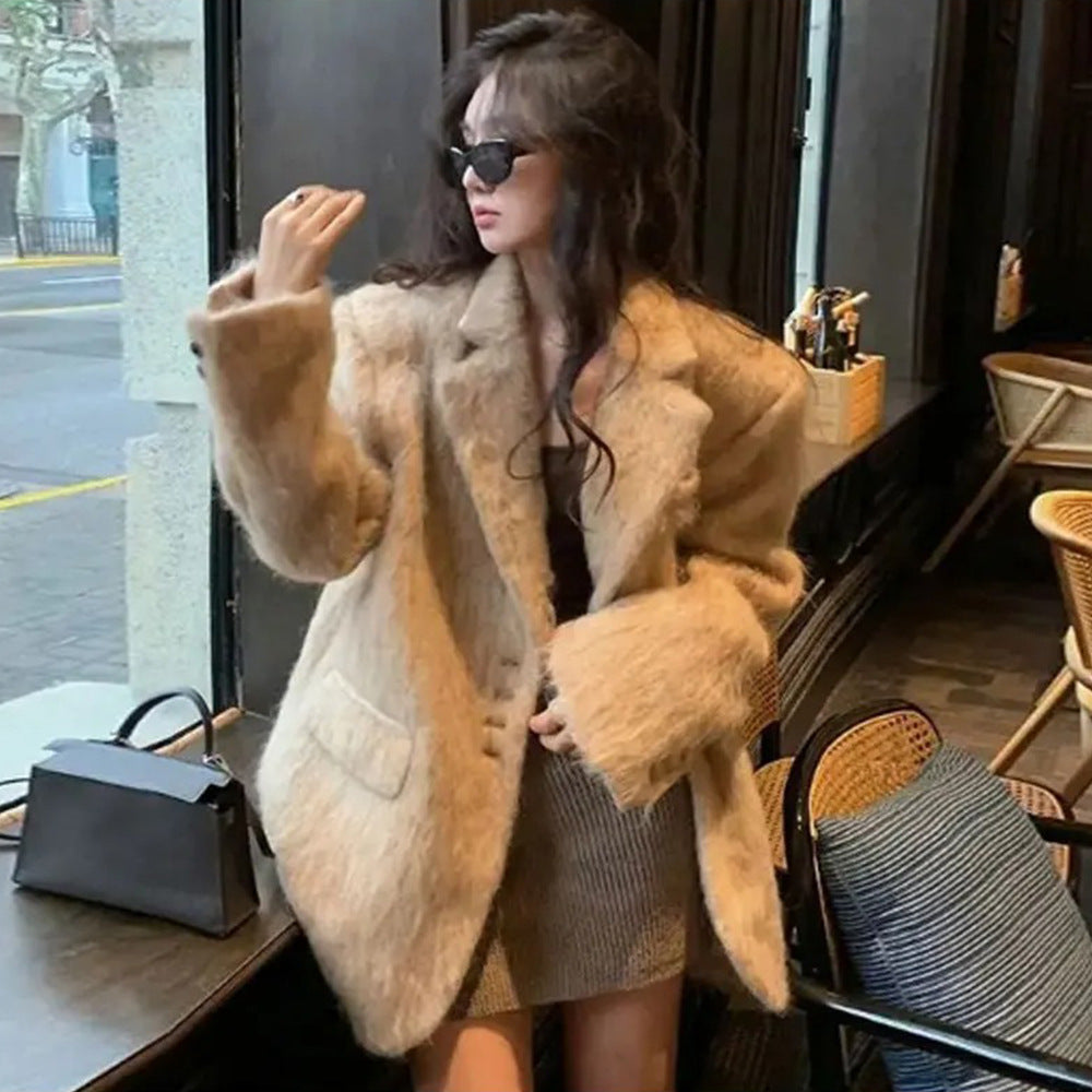 Women's Wind Loose Lapels Plush Long-sleeved Overcoat Coats