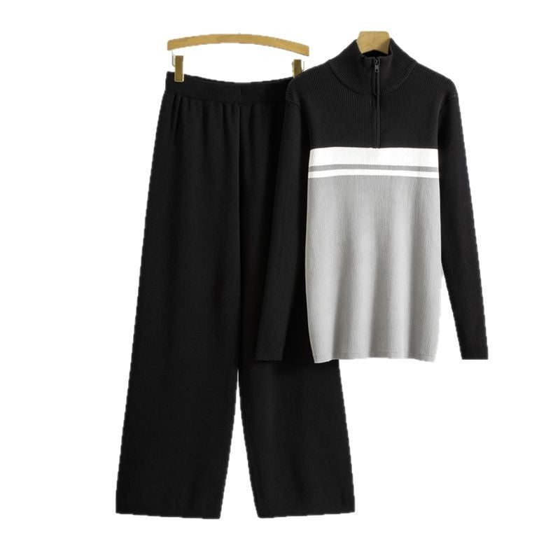 Women's Color Matching Knitted Turtleneck Zipper Spring Fashion Casual Suit