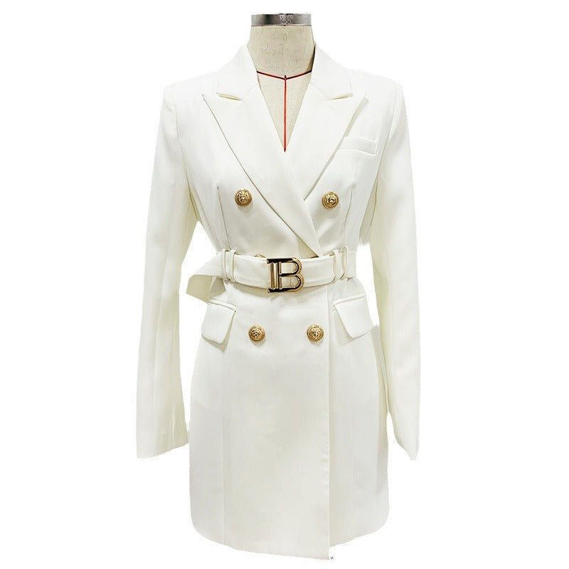 Double Breasted Metal Buckle Belt Slim Dress