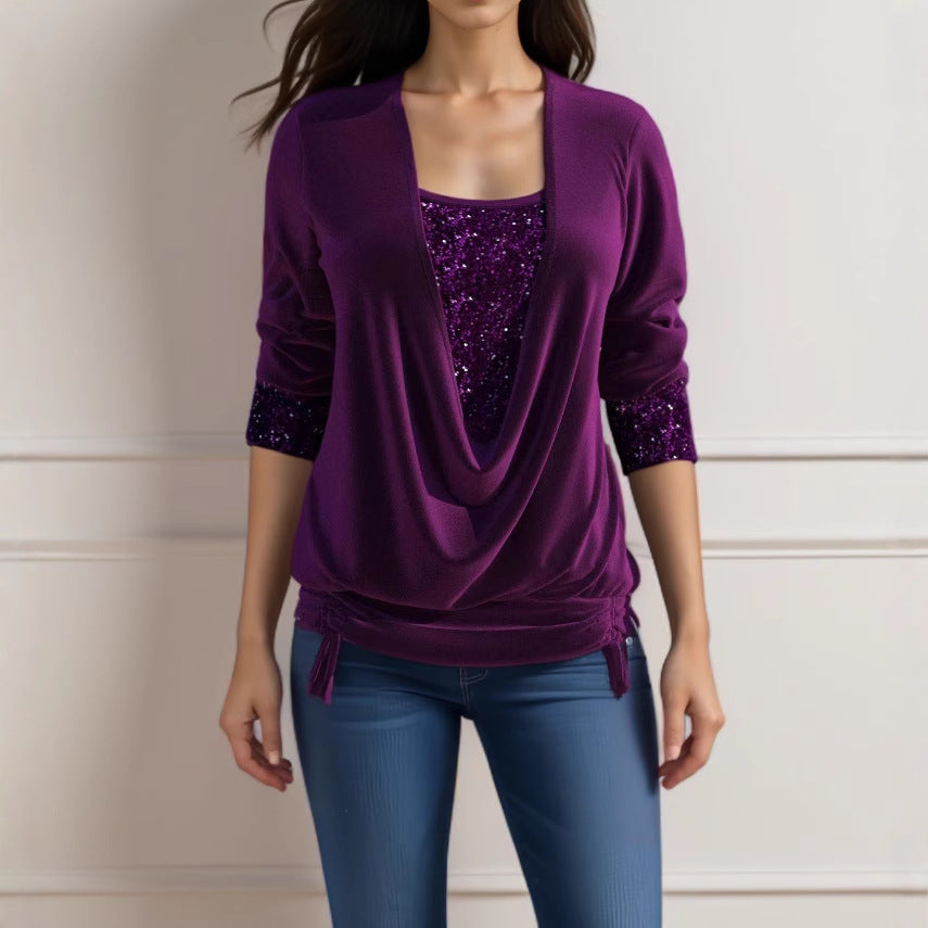 Women's Sequin Long Sleeve Large Drop Collar Clothing