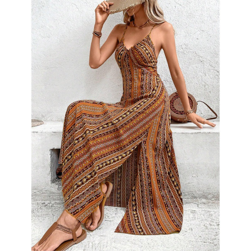 Women's Suspenders Printed Beach Slit High Waist Dress