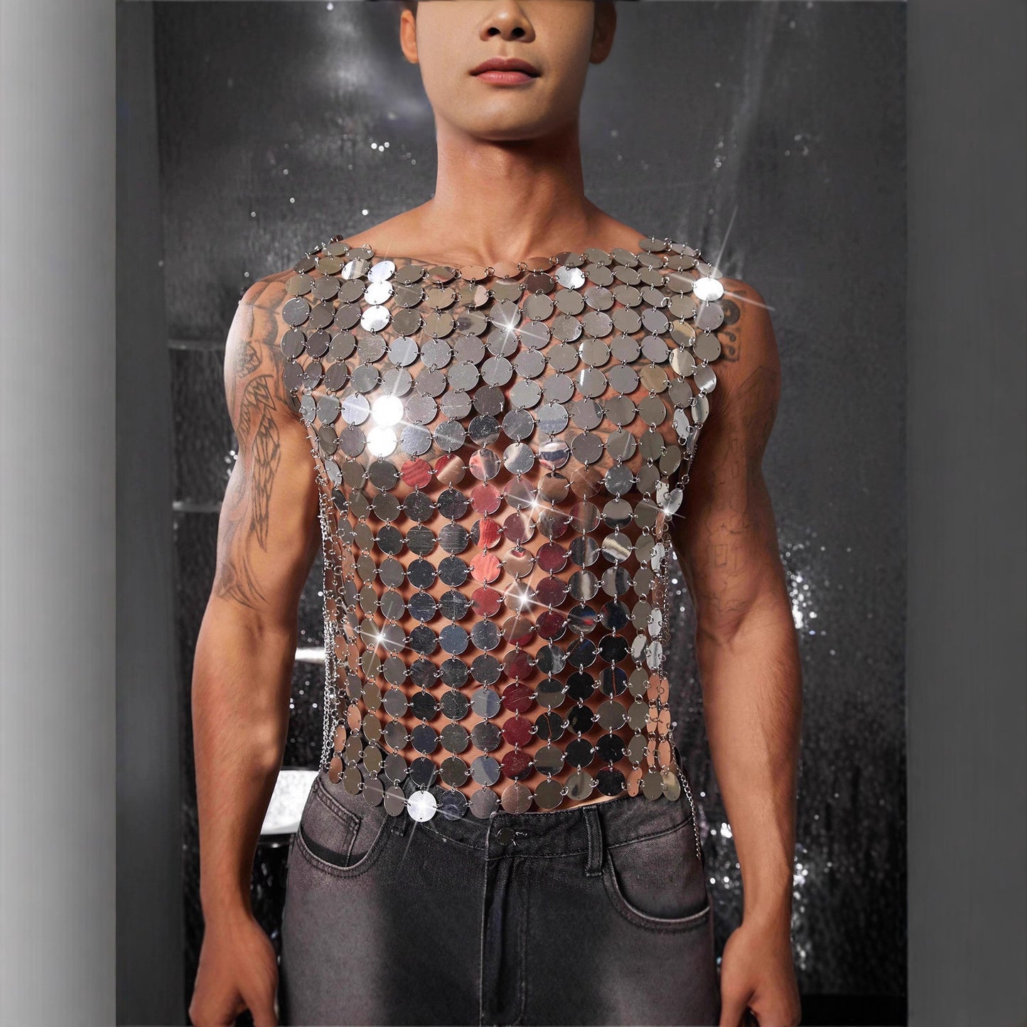 Men's Nightclub Sexy Handmade Sier Sequin Metal Tops