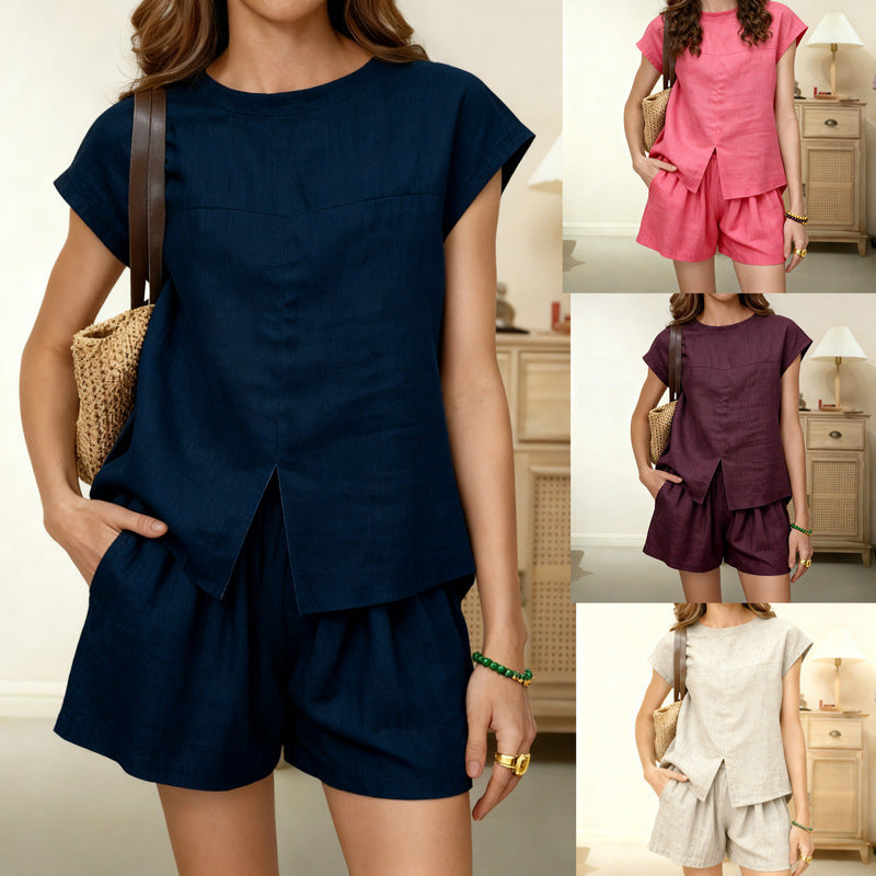 Women's Summer Cotton Linen Sleeve Wide Leg Suits