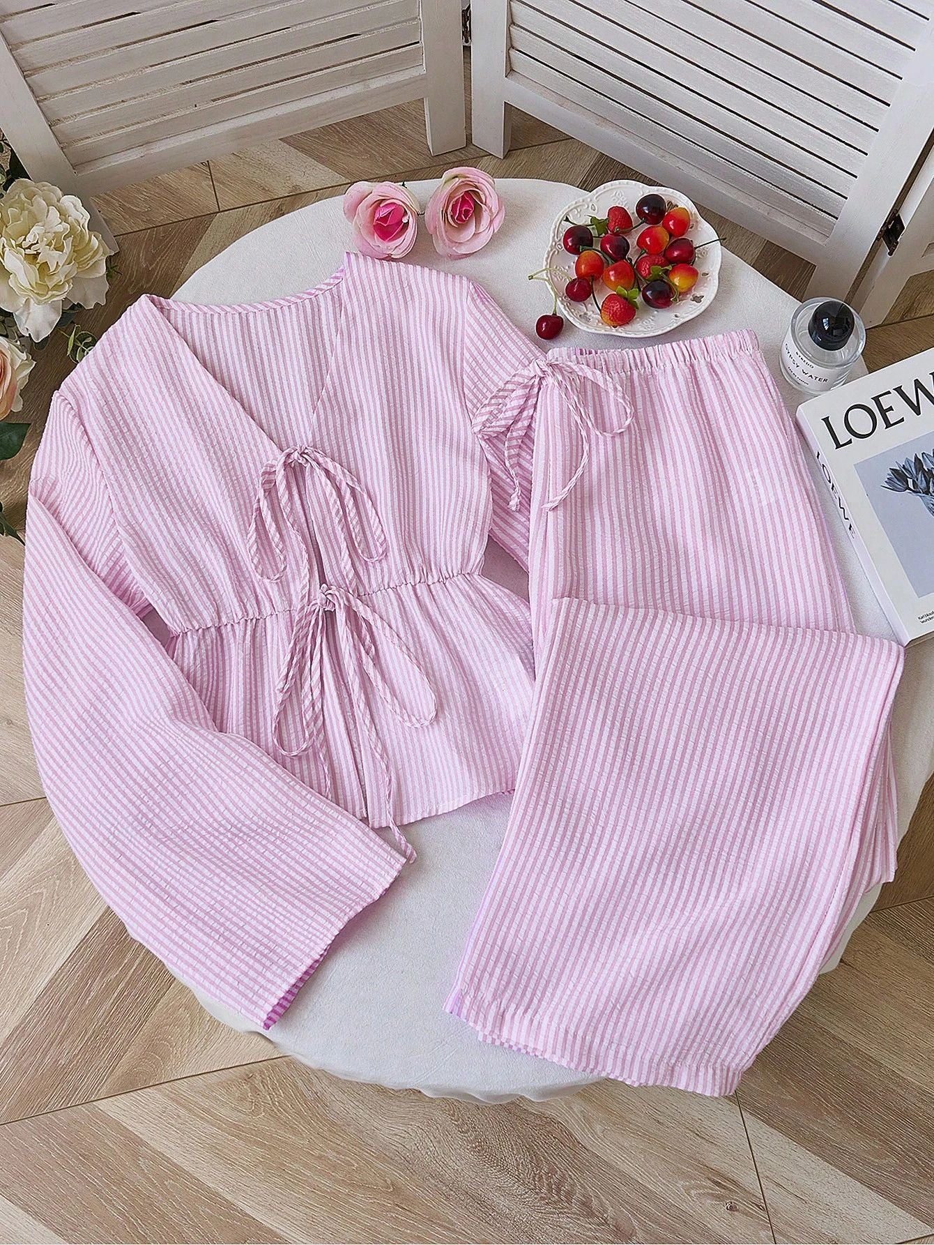 High-grade Striped Loose Two-piece Versatile Long Sleeve Suits