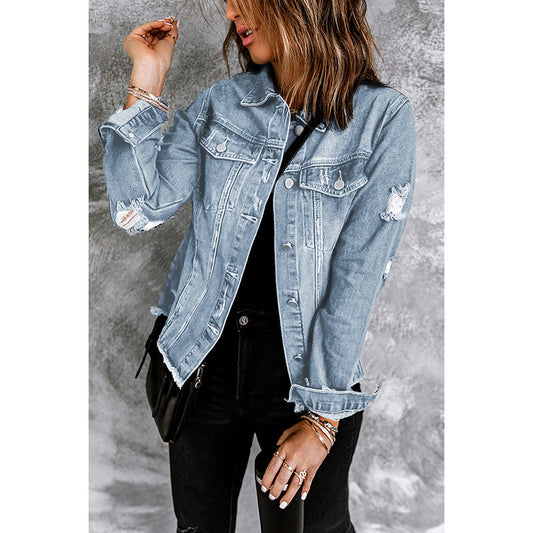 Women's Solid Color Single Row Washed Denim Cardigans