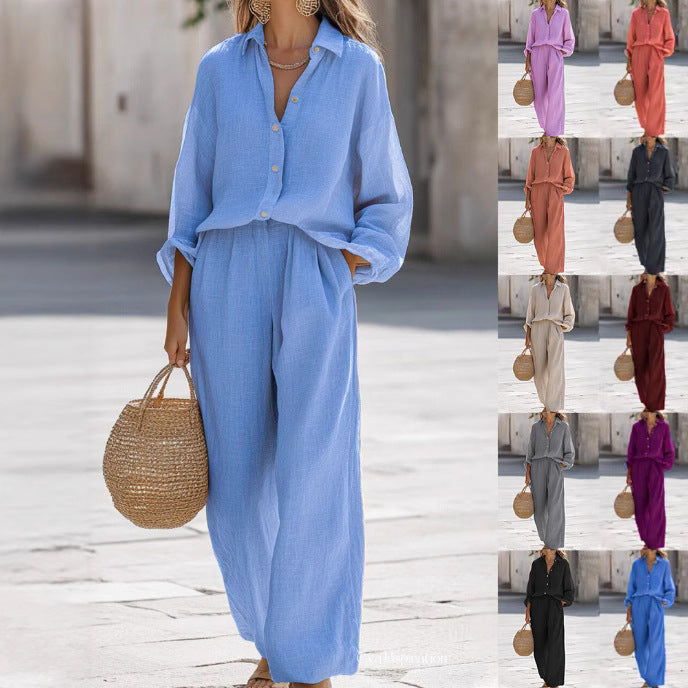 Women's Lapel Long Sleeve Shirt Trousers Cotton Fashion Casual Suit