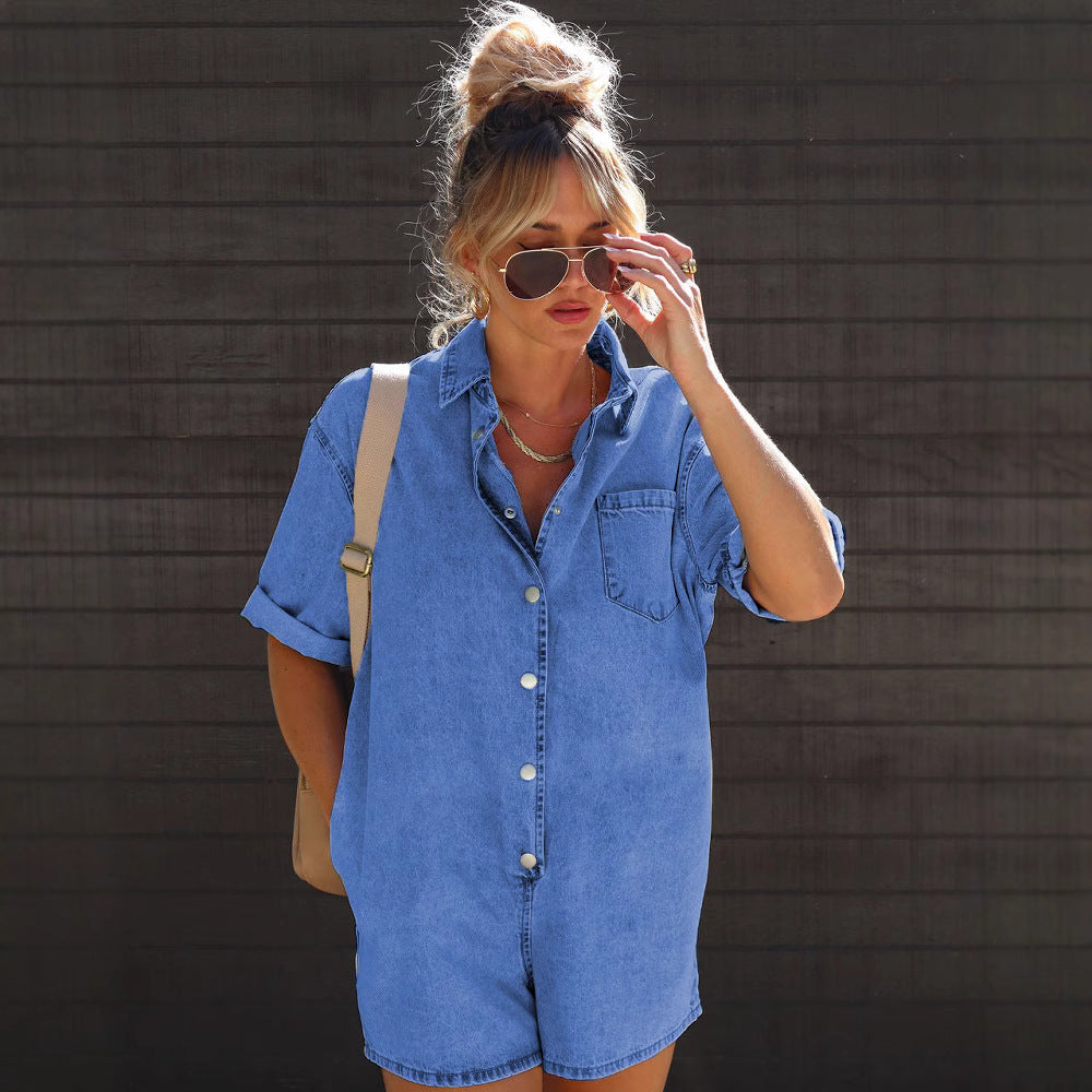 Summer Street Hipster Lapel Sleeve Denim Jumpsuits