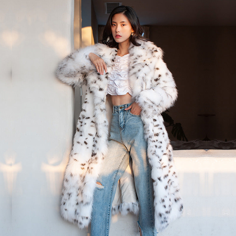 Women's Fur Imitation Fox Black Dot Leopard Print Large Coats