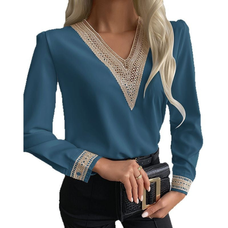 Women's Fashion Lace Shirt Solid Color Stitching Blouses