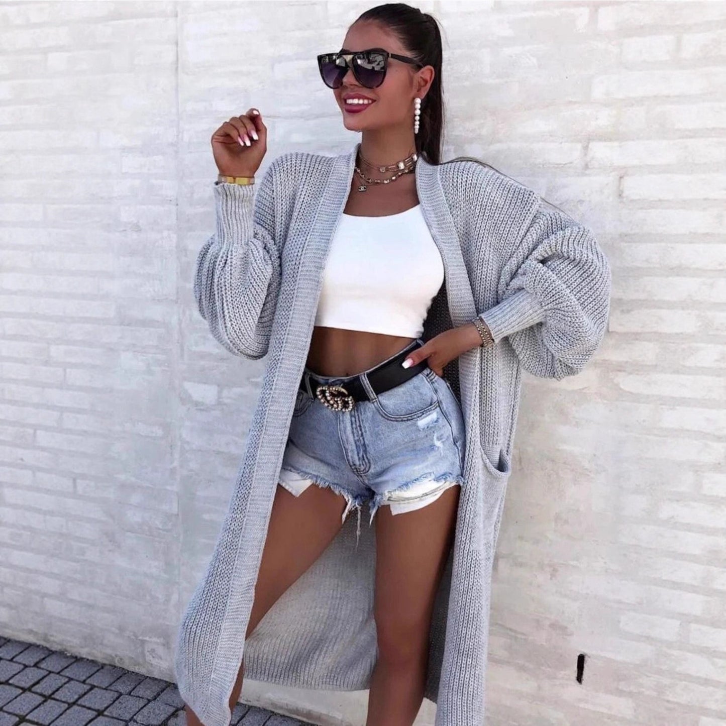 Women's Versatile Thick Needle Pocket Long Solid Knitwear