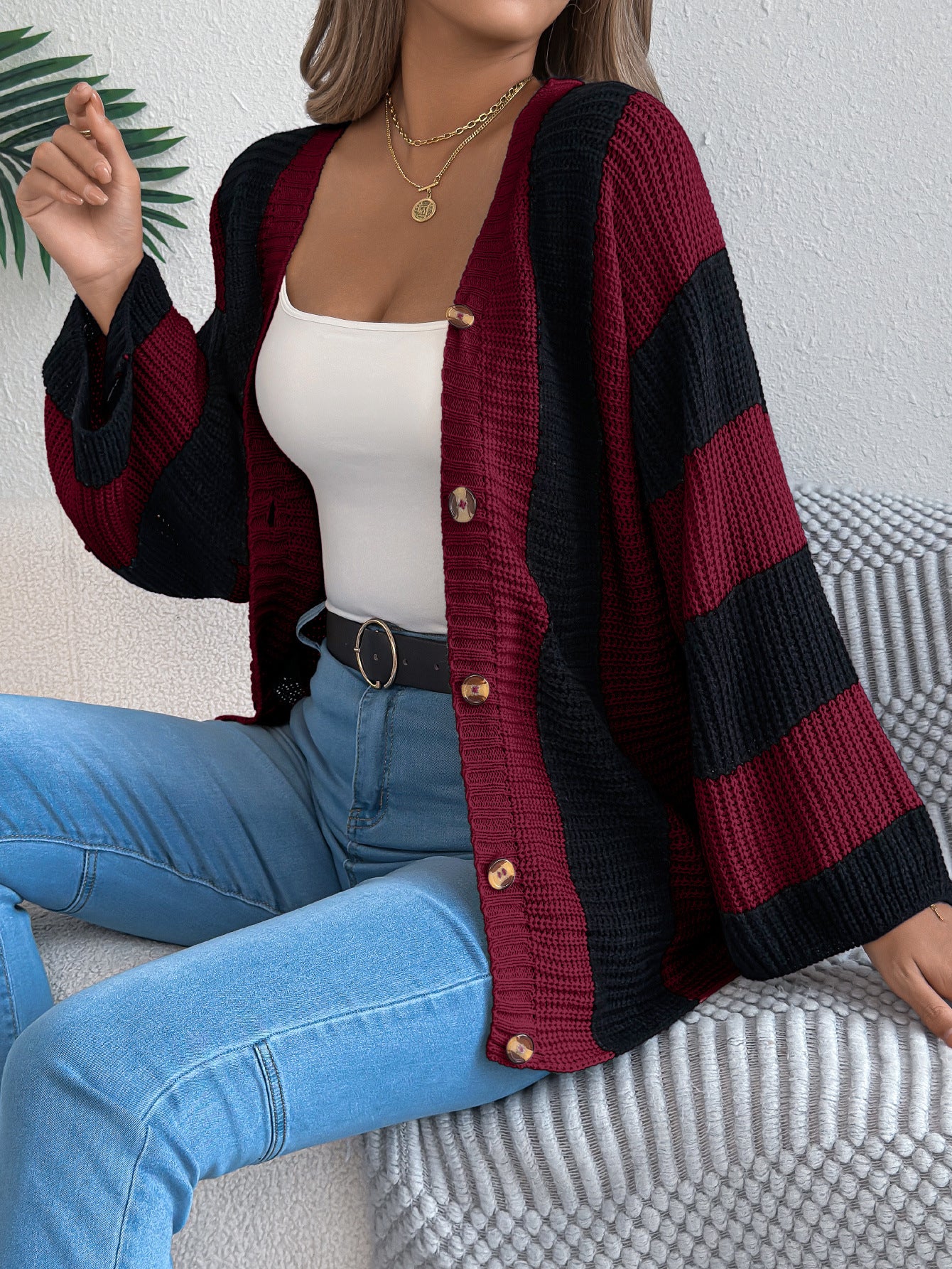 Women's Contrast Color Striped Flared Sleeve Mid-length Clothing