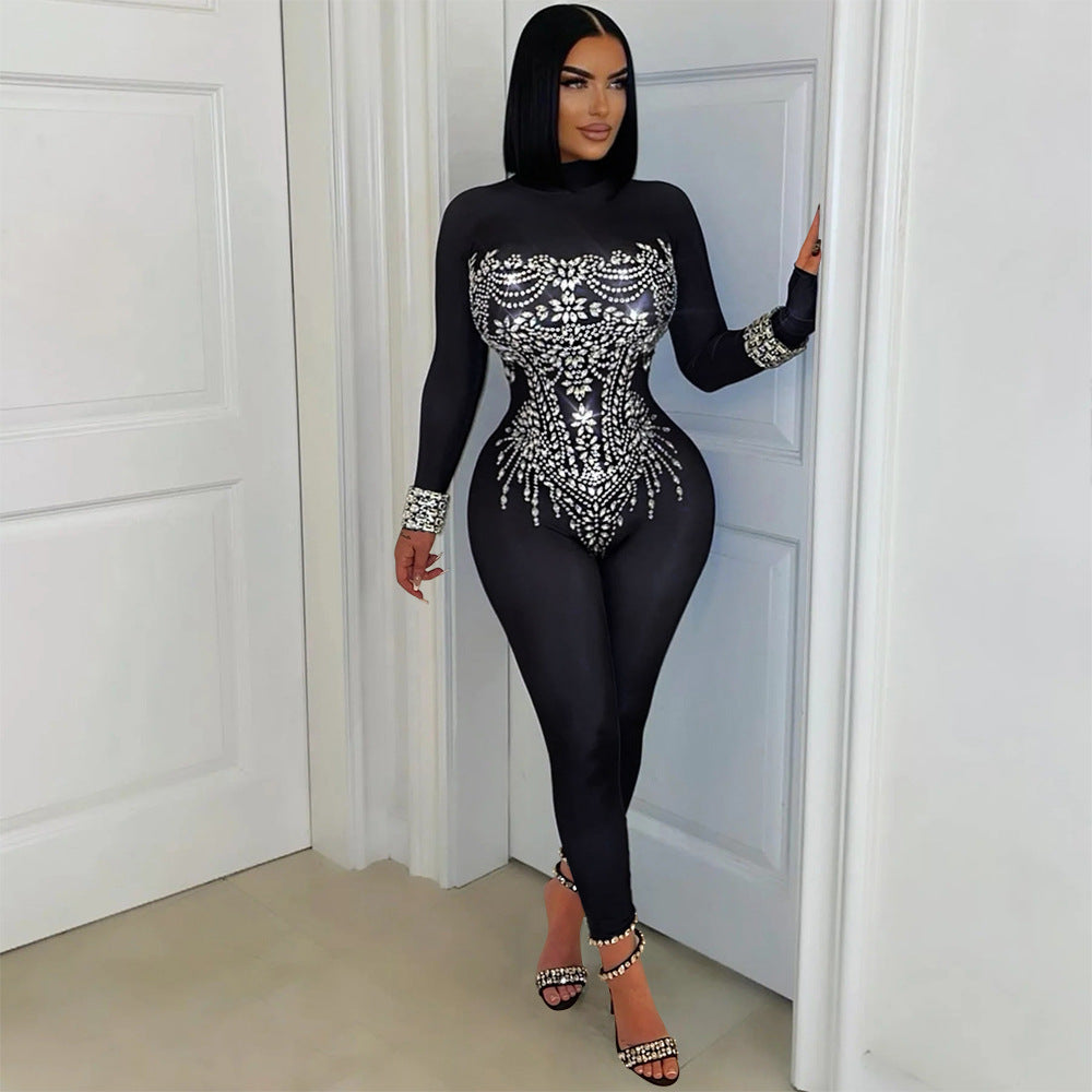Women's Long Sleeve Rhinestone Tight Nightclub Fashion Jumpsuits