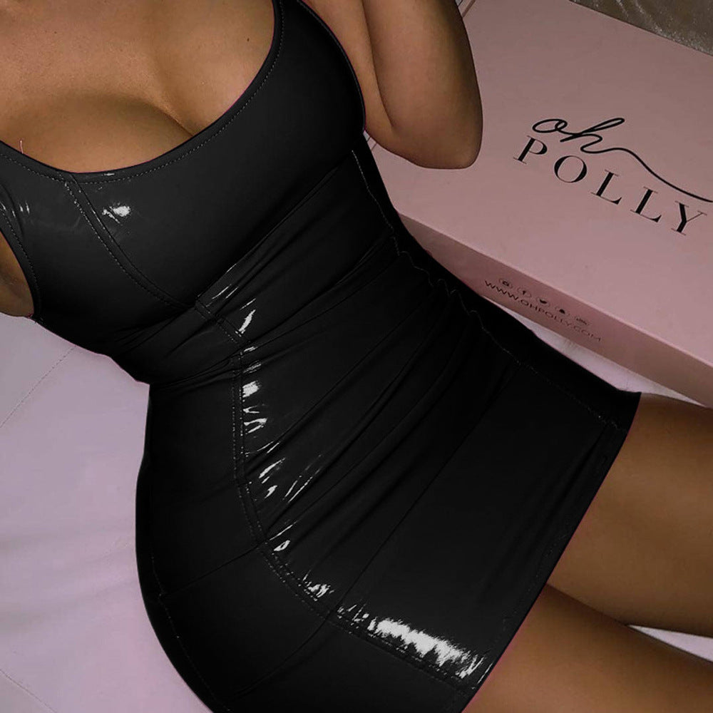 Nightclub Party Sexy Sleeveless Faux Leather Dress