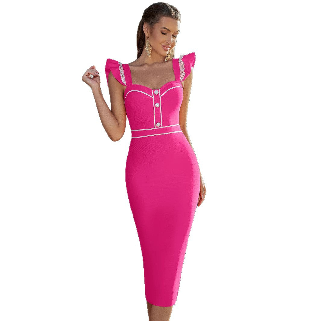 Sexy Slim Shoulder Exposed Bandage Temperament Camisole Ruffled Tube Dress