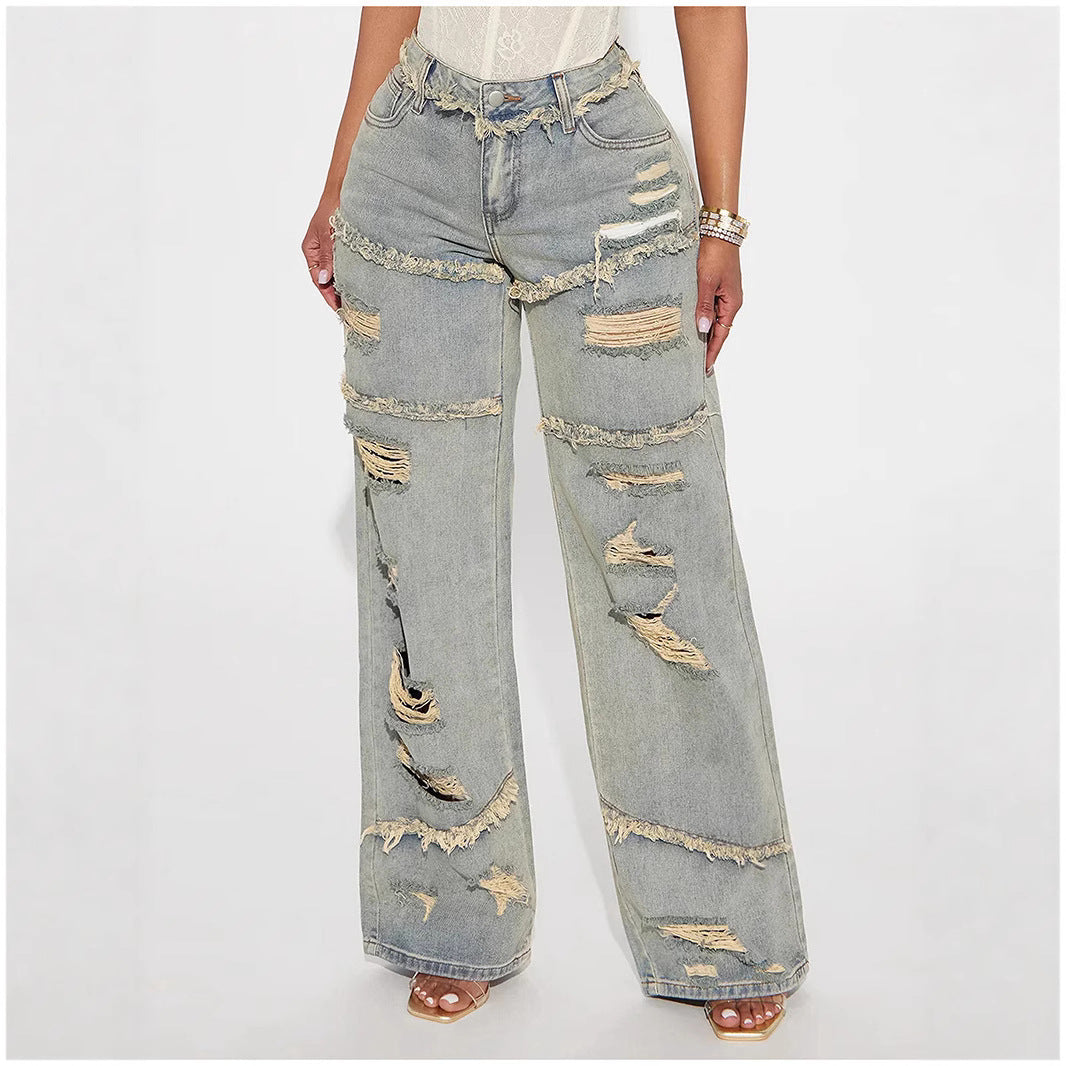Women's Attractive Ripped Washed Fashionable Worn Pants