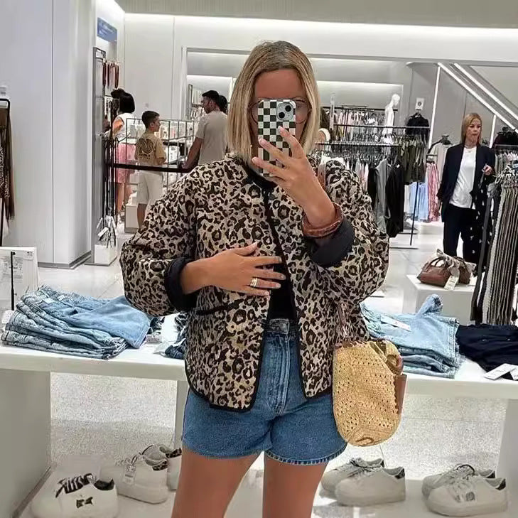 Women's Leopard Print Round Neck Cotton Jackets