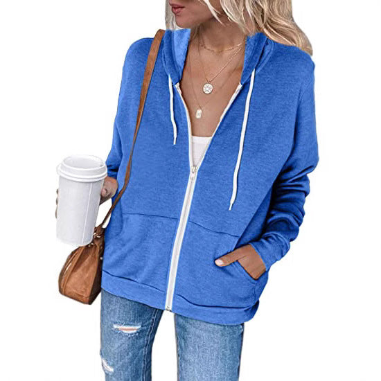 Women's Long-sleeved Hooded Drawstring Pocket Zipper Outerwear Sweaters
