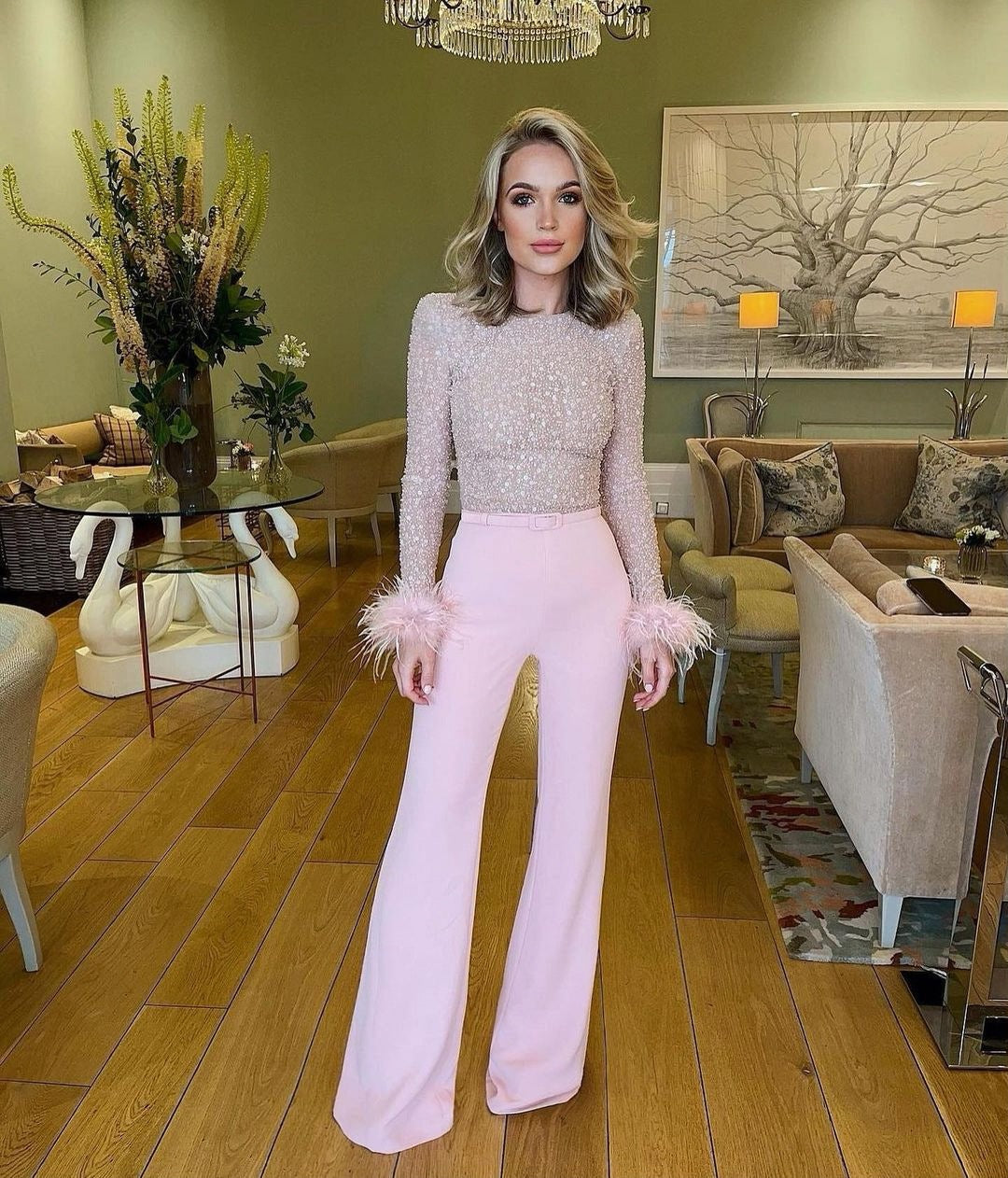 Charming Fashion Feather Sequins Stitching Sexy Jumpsuits