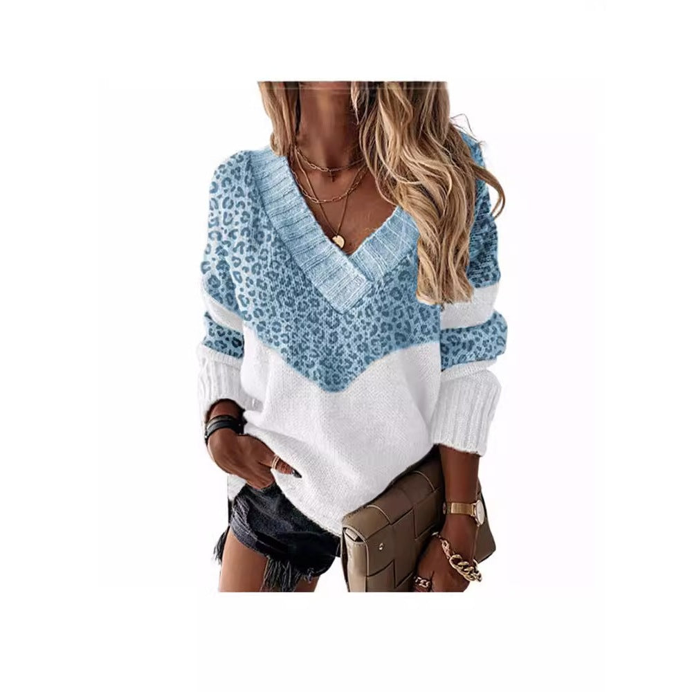 Collar Pullover Color Matching Striped Leopard Tops